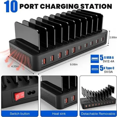 Obrázok produktu pre USB-C rozbočovač s 10 zásuvkami, USB nabíjačka s viacerými portmi, univerzálne USB-C rozbočovače pre tablety a smartfóny, zásuvka s 10 zásuvkami