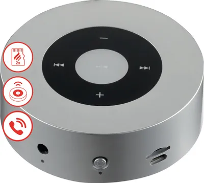 A silver, circular Bluetooth speaker with control buttons and icons indicating features.