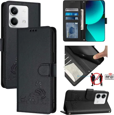 Produktbild von Leder Hülle für Xiaomi Redmi Note 13 5G Süße Katze Flip Case Brieftasche Schutzhülle mit Standfunktion Schwarz