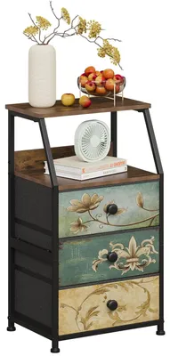 Produktbild von TRANKIELO® - Kommode mit 3 Schubladen aus Stoff - Vintage-Aufbewahrungsbox - Braune Holzplatte - Ideal für Schlafzimmer und Wohnzimmer