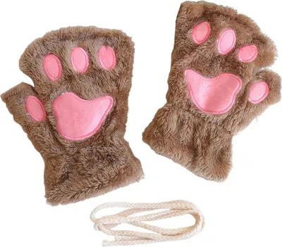 Produktbild von Damen-Katzenpfoten-Handschuhe, niedliche, flauschige, warme Halbfingerhandschuhe, Winter-Plüschhandschuhe mit Tierpfoten für Mädchen und Teenager, geeignet für Cosplay, Kostümpartys und den Alltag