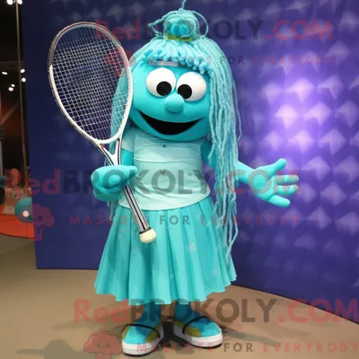 Image de Personnage mascotte REDBROKOLY d une raquette de tennis cyan habillée d une robe longue et de colliers