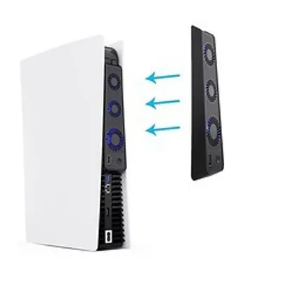 Produktbild von PS5 Mainframe Kühlgebläse, PS5 Cooling Lüfter, mit externem, 2 Stück PlayStation-Controller, USB-Anschluss und 3 Ventilatoren