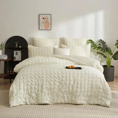 Produktbild von Bettwäsche Set Seersucker 200x220 cm Beige Kariert 1 Bettbezug 2 Kissenbezüge 80x80 cm Mikrofaser Reißverschluss