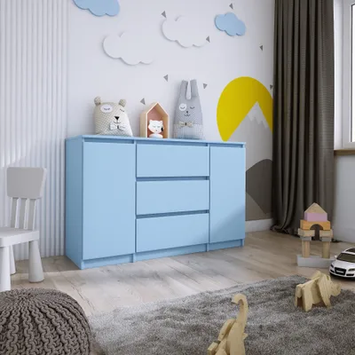 A child's bedroom with a blue dresser, toys, and wall decorations.
