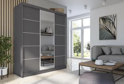 Obrázek produktu pro Moderní Šatní Skříň s Posuvnými Dveřmi Šatní Skříň Šedá se Zrcadlem 120 150 180 200 cm - Grafitová Matná Šatní Skříň do Ložnice s Posuvnými Dveřmi - Šatní Tyč - 180 cm -Šedá