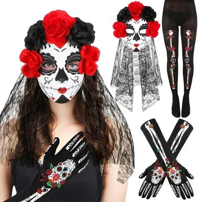 Produktbild von Halloween-Kostüm / Día de los Muertos - Stirnband mit Maske - Skelett-Strumpfhose - Skelett-Handschuhe - Damen-Kostüm - Bequem und wiederverwendbar