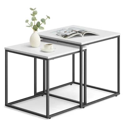 Produktbild von Couchtisch 2er Set Quadratisch Beistelltisch Loft Design 2 in 1 Verschachtelung kratzfeste Oberfläche, Wohnzimmer | 50cm und 45cm Breit weiß mit schwarzen Beinen