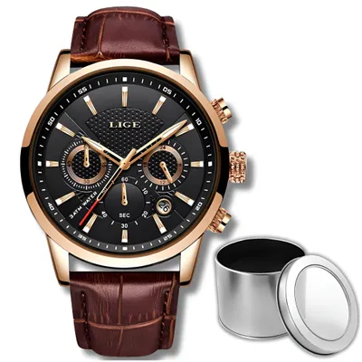 Image de Montre Homme Lige Classic Elegant Leather Date Watch 3 Colours + Box