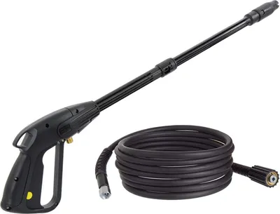 A black pressure washer gun with an extension wand and a coiled black pressure washer hose are displayed against a white background.
