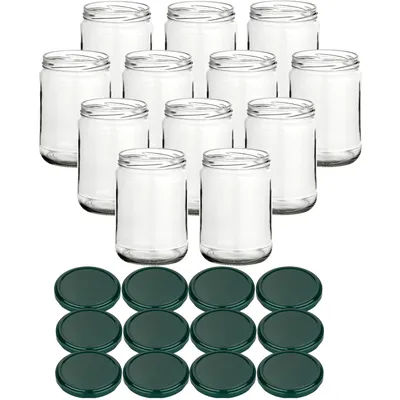 Immagine prodotto di set di 12 barattoli da conserva 580 ml classic con tappo a vite verde - Barattoli da conserva con tappo a vite TO82 - Barattoli da conserva vuoti da riempire