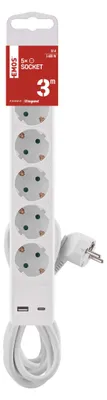 Steckdosenleiste 3 m / 5 Steckdosen / Schalter / weiß / 1× USB-A + 1× USB-C / 1,5 mm2