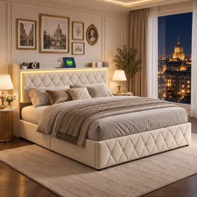 Image de INONEFT, lit rembourré 140x190 avec espace de rangement hydraulique, tête de lit avec LED et port USB, lit pour adolescents, lit double, structure de lit avec sommier à lattes et coffre de rangement, revêtement en velours