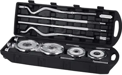 A black carrying case containing a set of dumbbells and weight plates.