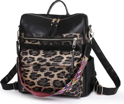 Image de Femme Sac à dos Porte-monnaie Cuir synthétique Sac de voyage Convertible Satchel Sacs à main et sac à bandoulière, Noir Marron Léopard