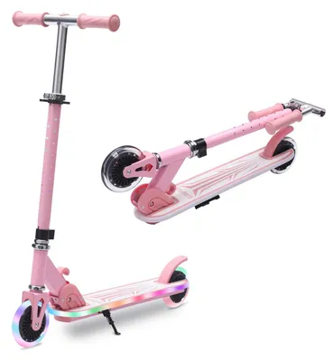 Immagine prodotto di Monopattino per bambini - Monopattino pieghevole a 2 ruote - Ruote, pedana e manubrio luminosi a LED - Regolabile in altezza su 4 livelli - Fino a 50 kg - 6-12 anni - Rosa