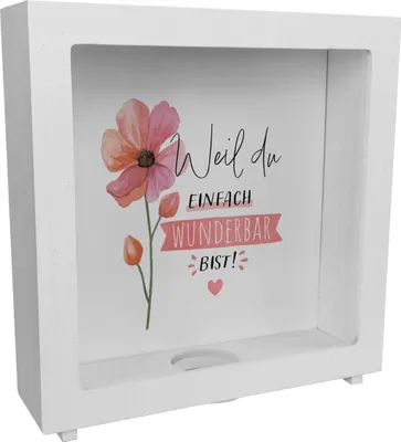 Produktbild von Blume Rahmen Spardose aus Holz mit Spruch Weil du einfach wunderbar bist