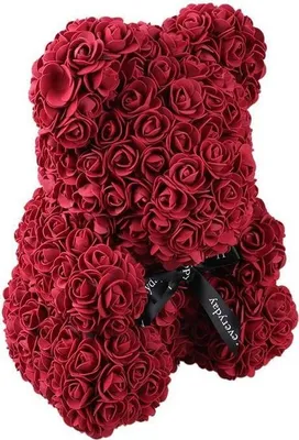 Produktbild von Burgunderroter Rosenbär 25 cm gefertigt aus hunderten Samtrosen mit Ranke Geschenk