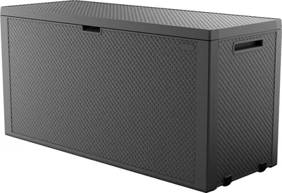 A dark gray plastic storage box with a textured lid and sides, shown from a slightly elevated front-left angle.