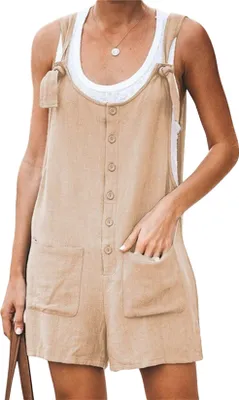 Image de ASKSA Femme Jumpsuit court Playsuit été court Romper Shorts Salopette Femme Combinaison avec poches, Kaki, Taille : L