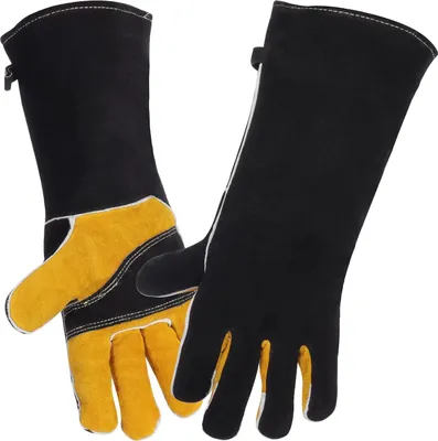 Produktbild von Schweißhandschuhe Hitze -resistenter Handschuh Lederhandschuhe 40 cm für Ofen/Grill/Kamin/Ofen/Herd/Topfhalter/Grill/Haustierhandling(Schwarz Gelb)