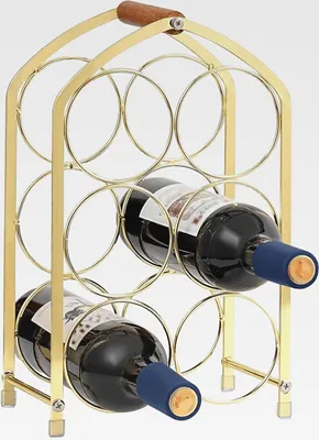 Produktbild von Weinregal Gold & Holz – Luxus Weinflaschenhalter für 6 Flaschen | Modernes Flaschenregal Metall mit Griff | Weinständer & Wine Rack als Hochzeitsgeschenk & Deko