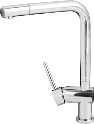 A chrome kitchen faucet with a pull-out spout, shown against a white background.