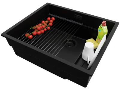 Produktbild von PRIMAGRAN Unterbauspüle Granit Alles Schwarz 56x47cm, Spülbecken 1 Becken + Ablauf-Set + Aufrollbare Abtropffläche, Granitspüle ab 60er Unterschrank - Praga