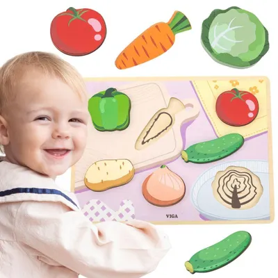 Productafbeelding van Viga Houten Puzzel Montessori 2-in-1 Groentefiguren