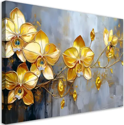 Image de Toile Orchidées dorées Fleurs glamour 90x60 Feeby Gold Image pour le mur, prête à être accrochée