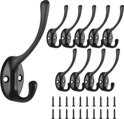 Immagine prodotto di 10 ganci appendiabiti in metallo, a fila singola, ganci per appendiabiti, cucina, ganci da bagno, ganci appendiabiti, a parete singola, neri, nero, 5,7 cm, 6 cm, 9,6 cm
