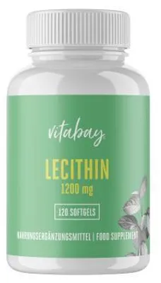 Produktbild von Vitabay Lecithin 1.200 mg – 120 vegane Softgels – mit Phosphatidylcholin aus Soja & Vitamin E – ohne Gluten, Laktose & Gentechnik