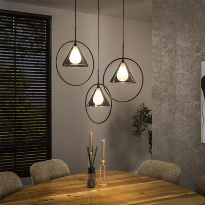 Produktbild von Hoyz Collection - Pendelleuchte 3L Ring abgestufter konischer Schirm - Rauchgraues Glas