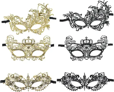 Productafbeelding van Maskerade Maskers - Venetiaans Oogmasker - Feestelijke Aankleding - Zesdelige Set - 22 cm - Zwart Goud