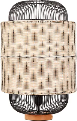 Produktbild von BELIANI Tischlampe Naturfarben / Schwarz Rattangeflecht u. Metall Laternenform Kabel mit Schalter Handgefertigt Boho Schlaf- u. Wohnzimmer Beleuchtung