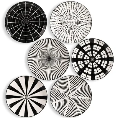 Image de Set de 6 assiettes à dîner - Assiettes en porcelaine de 25,5 cm - Motifs noir/blanc