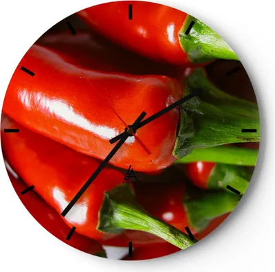 Produktbild von Wanduhr - Rund - Glasuhr - Gemüse würzig Chili - 30x30cm - Schleichendes Uhrwerk - Lautlos - zum Aufhängen bereit - Dekoration Modern - Wanddekoration aus Glas - C3AR30x30-1135