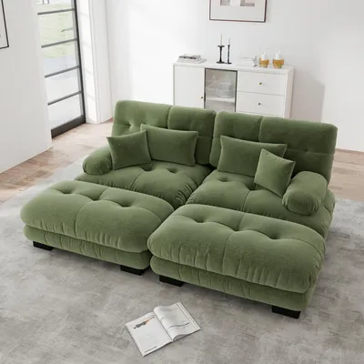 Produktbild von MODFU Zweisitzer Polstersofa mit mit 2 Lendenkissen und 2 Dekokissen,Loungesofa Chenille,mit 2 Ottoman,Modulares Sofa,Grün