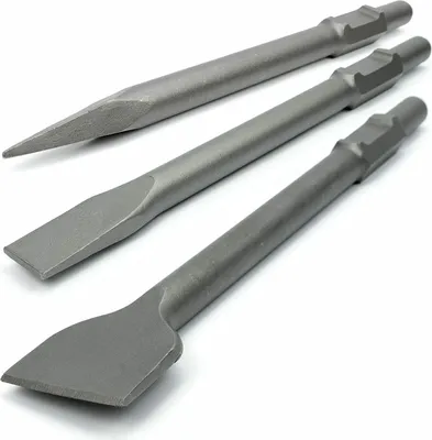 Three metal chisels with SDS-HEX shanks are arranged diagonally on a white background.