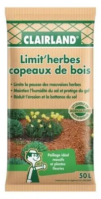 Productafbeelding van CLAIRLAND Limit'herbes, natuurlijke houtsnippers als mulch, bruin, korrelgrootte 10/20, 50 liter – geschikt voor bloembedden, groentebedden, balkon en terras, ter bestrijding van onkruid, om vocht vast te houden en voor een decoratieve uitstraling