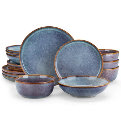 Image de vancasso Service de table, 16 pcs. service combiné en faïence, set de vaisselle avec set d'assiettes, bol pour 4 personnes, bleu gris