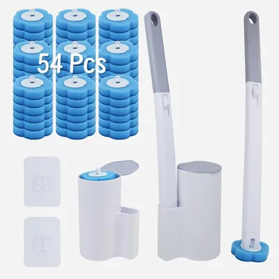 Produktbild von Toilettenreiniger-Set: 2 Toilettenbürsten zur Wandmontage, 54 Toilettenreinigungspads als Toilettenreiniger und 2 Halterungen für die Toilettenbürsten
