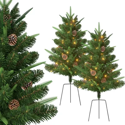 Productafbeelding van TRMLBE Kerstboom, klein met verlichting, 76 cm. Mini kunstboom met dennenappels, 2 stuks. Kerstboom voor binnen- en buitendecoratie (6 dennenappels)