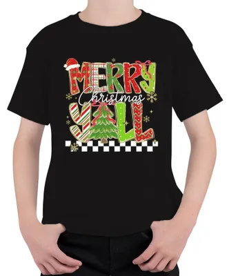 Produktbild von Merry Christmas Y'all Weihnachten Tannenbaum gestreift Glitzer Kinder T-Shirt, Schwarz, 140