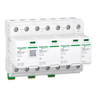 Produktbild von Schneider Electric Kombiableiter, Acti9 iPRD1 F25r, Typ 1+2, Schutzmodule steckbar, 3P+N, Iimp 25kA, integrierter Sicherung, FM-Kontakt A9L1F625