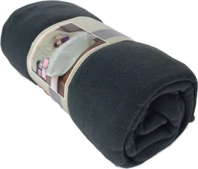 A rolled-up dark gray fleece blanket with a product label.