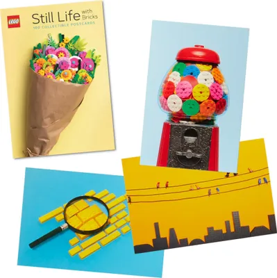 A collage of four different LEGO postcard images, featuring a bouquet of flowers, a gumball machine, a magnifying glass over LEGO bricks, and a city skyline with birds on power lines.