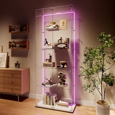 Image de Fortuna Lai Vitrine en verre Stand vitrine en blanc - armoire vitrine avec porte en verre, 5 mm de verre trempé vitrine de collection - vitrine en verre étagère en verre armoire avec Led 186.5 x 79 x 36.5 cm