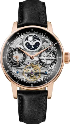 A close-up studio shot of an Ingersoll automatic men's watch with a skeleton dial and a moon phase complication.