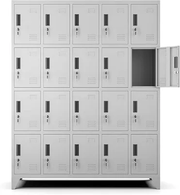 Imagen del producto de Armario con 20 compartimentos, de metal, con cerradura – Gris | Armario para vestuarios de 172x136x45 cm, con cerradura de seguridad, ranuras de ventilación y soporte para etiquetas – ideal para escuelas, gimnasios